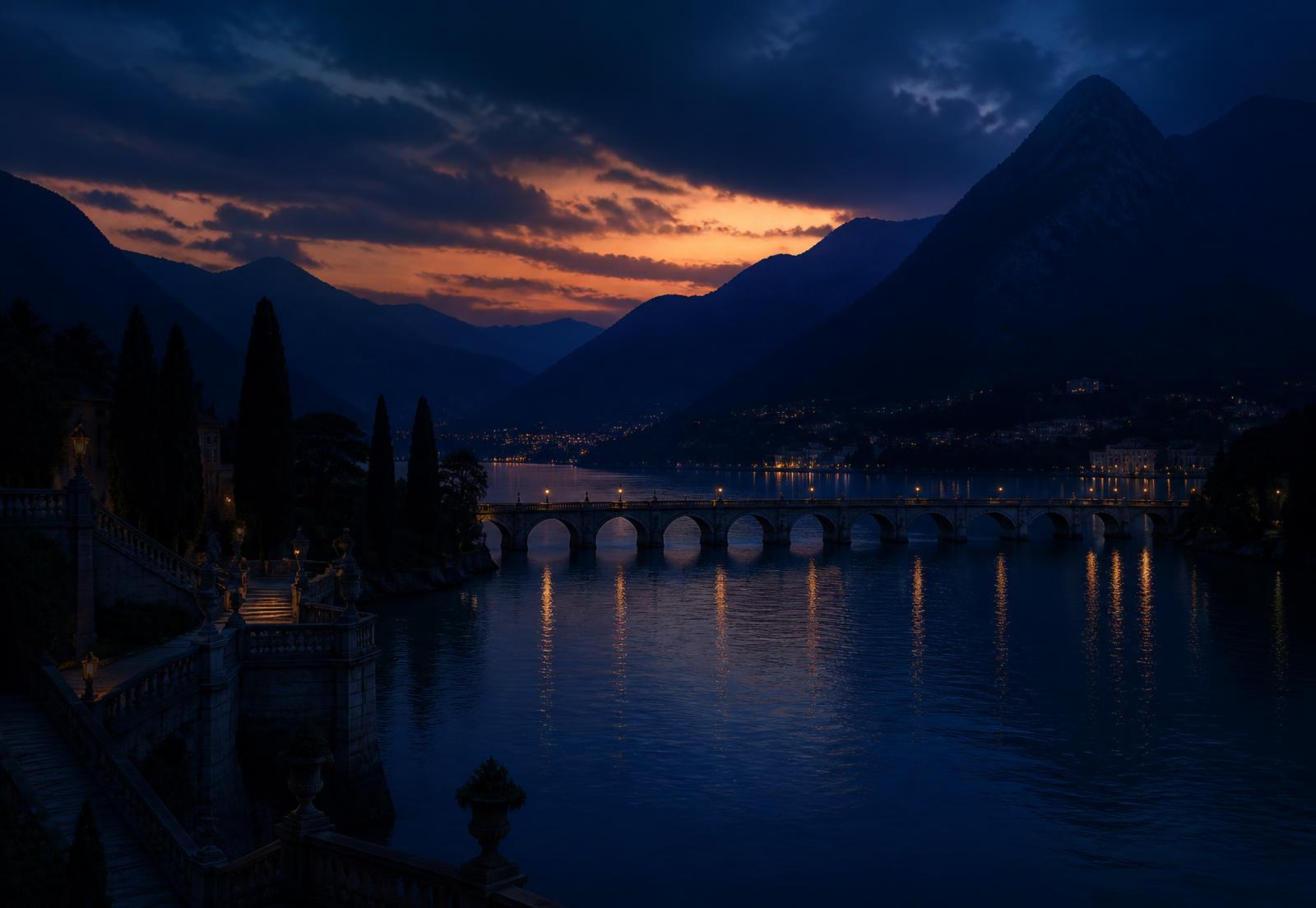 Puente iluminado sobre un lago de montaña al atardecer