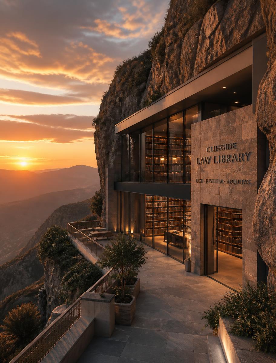 Biblioteca jurídica de piedra sobre un acantilado al atardecer